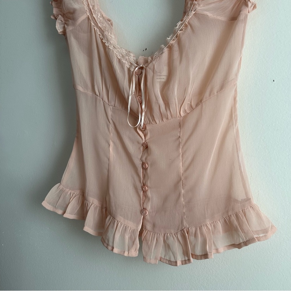 Urban Outfitters • Angie Semi-Sheer Puff Sleeve Blouse in Pink - Picture 3 of 8